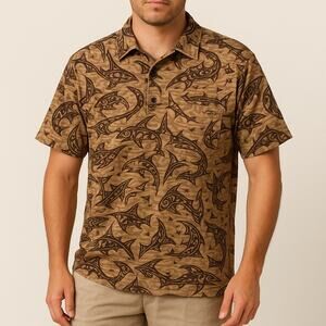 Crazy Shirts Hawaiian Polo L Brown Tribal Shark Aloha Coastal Resort Shirt